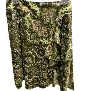 ANN TAYLOR PETITES  A Line‎ Green Paisley Front Ruffle Side Zip Lined Skirt 8p